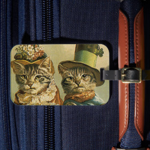 Vintage Humour, Victorian Bride Groom Cats in Hats Luggage Tag