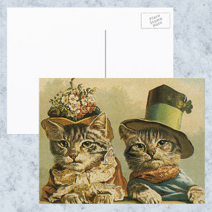 Vintage Humour, Victorian Bride Groom Cats in Hats Postcard