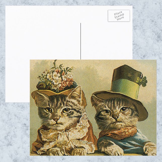Vintage Humour, Victorian Bride Groom Cats in Hats Postcard (Creator Uploaded)