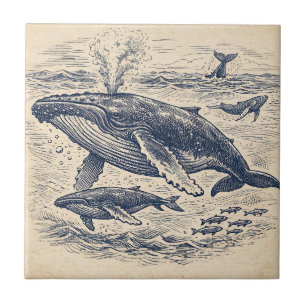 Vintage Humpback Whale Pod Engraving Ceramic Tile