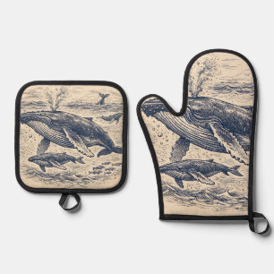 Vintage Humpback Whale Pod Engraving Oven Mitt & Pot Holder Set