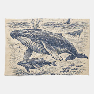 Vintage Humpback Whale Pod Engraving Tea Towel
