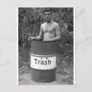 Vintage Hunk in Trash Can Postcard