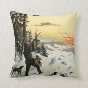 Vintage Hunting Dog Gun Winter Art Decor Pillow