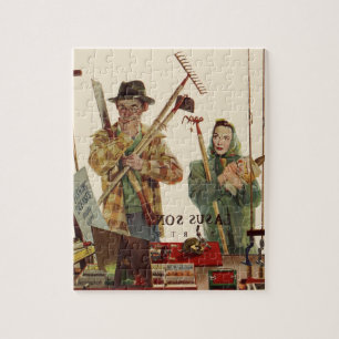Vintage Husband and Wife with Gardening Tools Jigsaw Puzzle