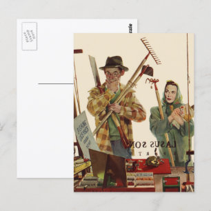 Vintage Husband and Wife with Gardening Tools Postcard