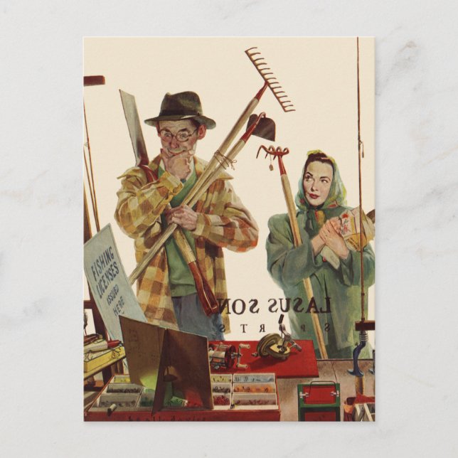 Vintage Husband and Wife with Gardening Tools Postcard (Front)