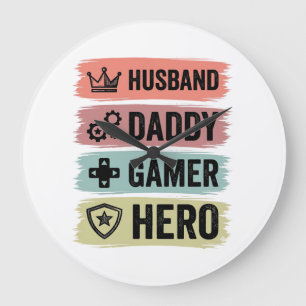 Vintage Husband Daddy Gamer Hero Geometric T-Shirt Large Clock