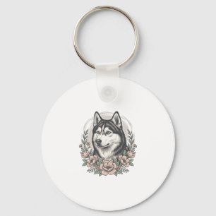 Vintage Husky Floral Portrait Shirt Design_1 Key Ring