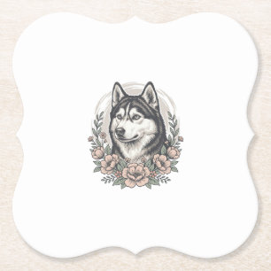 Vintage Husky Floral Portrait Shirt Design_1 Paper Coaster