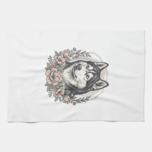 Vintage Husky Floral Portrait Shirt Design_1 Tea Towel