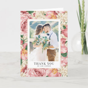 Vintage Hydrangea and Garden Roses Wedding Photo Thank You Card