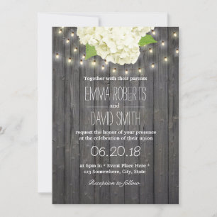 Vintage Hydrangea String Lights Barn Wood Wedding Invitation