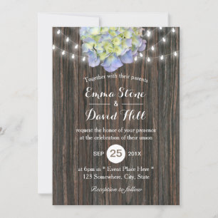 Vintage Hydrangea String Lights Barn Wood Wedding Invitation