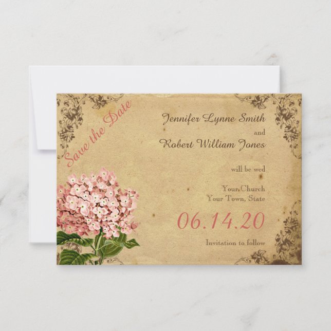 Vintage Hydrangea Wedding Save the Date (Front)