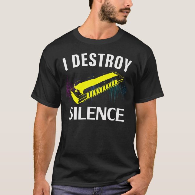 Vintage I Destroy Silence Harmonica Funny T-Shirt (Front)