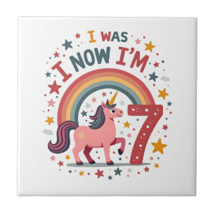 Vintage I Was 6 Now Im 7 Unicorn Birthday Shirt Cu Ceramic Tile