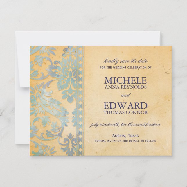 Vintage Ice Blue Damask Lace Save the Date (Front)