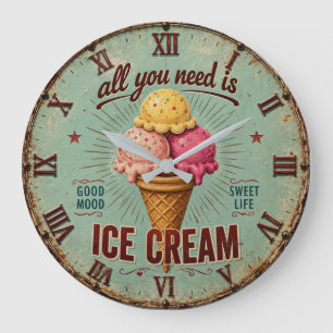 Vintage Ice Cream Retro Kitchen Large Clock