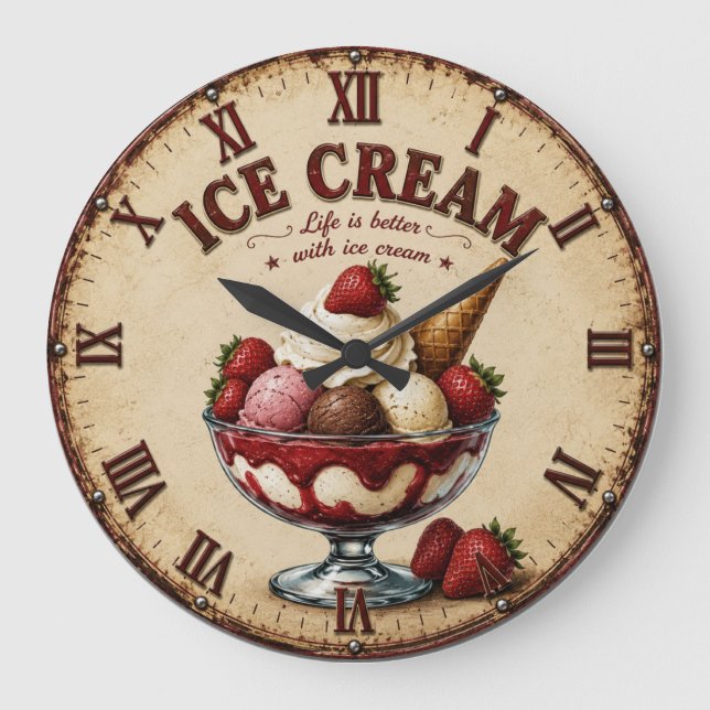 Vintage Ice Cream Sundae Large Clock (Front)