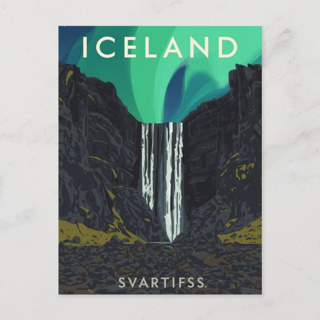 Vintage Iceland Svartifoss Waterfall Aurora Travel Postcard (Front)