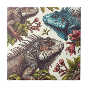 Vintage Iguana Seamless Painting Ceramic Tile