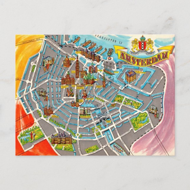 Vintage Illustrated Amsterdam Map Postcard (Front)