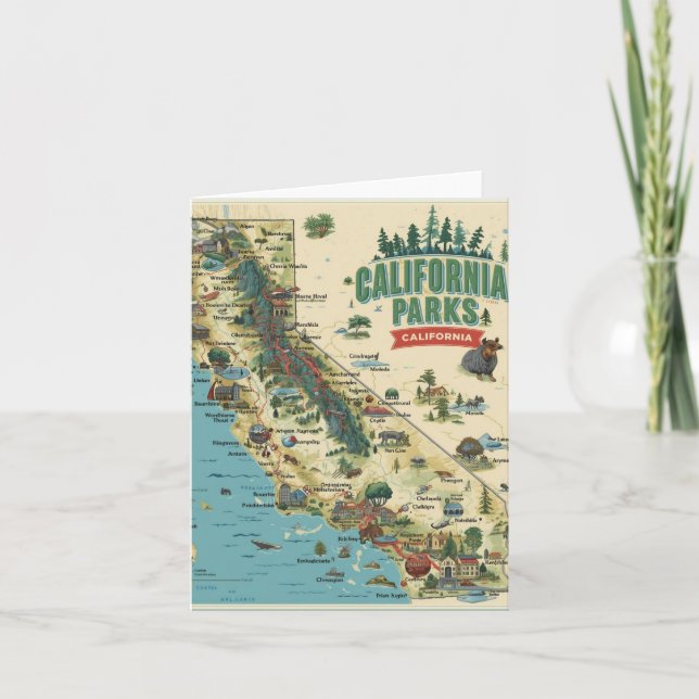 Vintage Illustrated California Parks Map Art Card (Front)