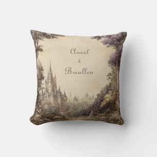 Vintage Illustrated Castle Village Purple Tree Cushion