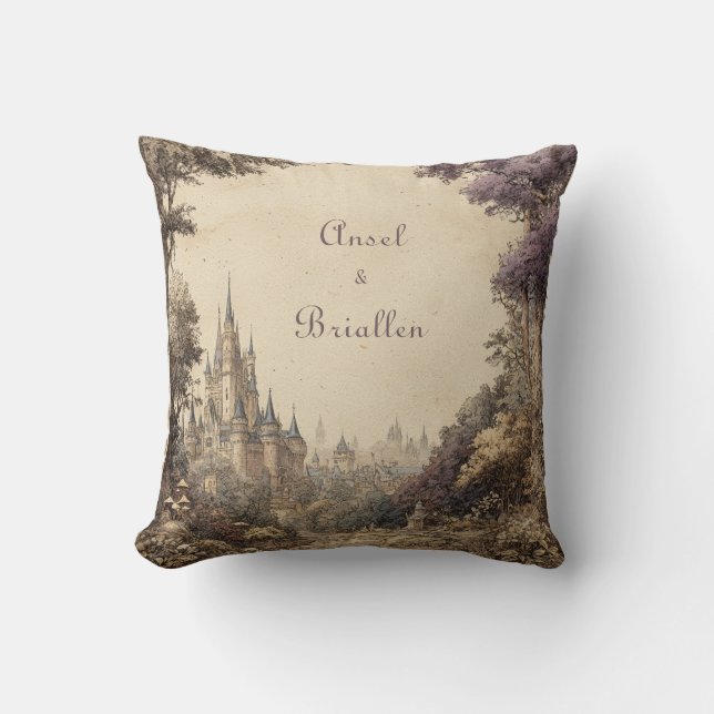 Vintage Illustrated Castle Village Purple Tree Cushion (Front)