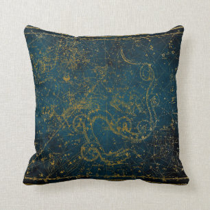 Vintage Illustrated Dark Blue & Gold Star Map Cushion