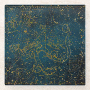 Vintage Illustrated Dark Blue & Gold Star Map Glass Coaster