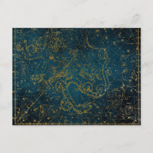 Vintage Illustrated Dark Blue & Gold Star Map Postcard