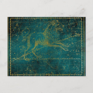 Vintage Illustrated Green & Gold Lion Star Map Postcard