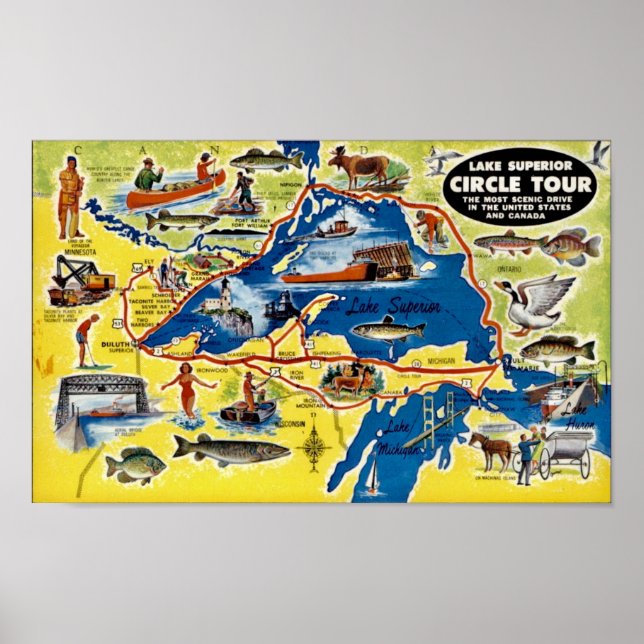 Vintage Illustrated Lake Superior Map Poster (Front)