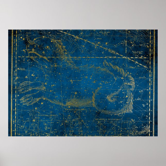 Vintage Illustrated Mid Blue & Gold Star Map Poster (Front)