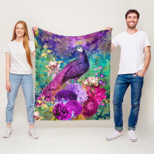 Vintage Illustrated Peacock Grunge Pattern Fleece Blanket
