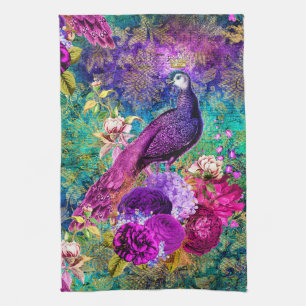 Vintage Illustrated Peacock Grunge Pattern Tea Towel