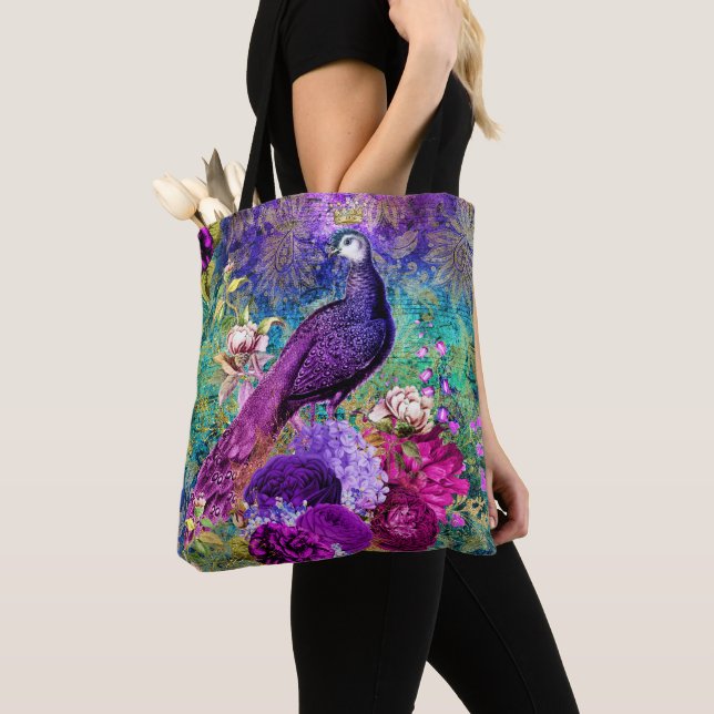 Vintage Illustrated Peacock Grunge Pattern Tote Bag (Close Up)