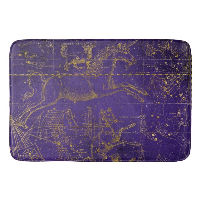 Vintage Illustrated Purple & Gold Star Map Bath Mat (Front)