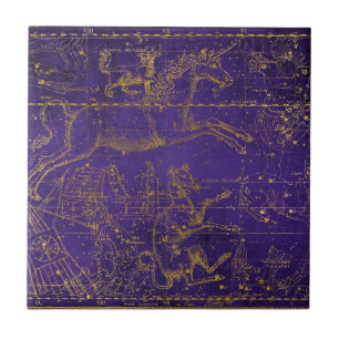 Vintage Illustrated Purple & Gold Star Map Ceramic Tile