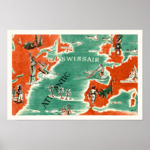 Vintage Illustrated Swissair Map Print