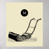 VINTAGE ILLUSTRATION British Lawn Mower Monogram P