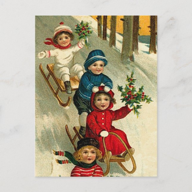 Vintage Illustration Children Sledding in Winter Postcard (Front)