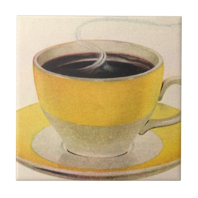 Vintage Illustration Coffee in a Yellow Cup Ceramic Tile (Front)