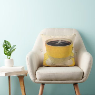Vintage Illustration Coffee in a Yellow Cup Cushion