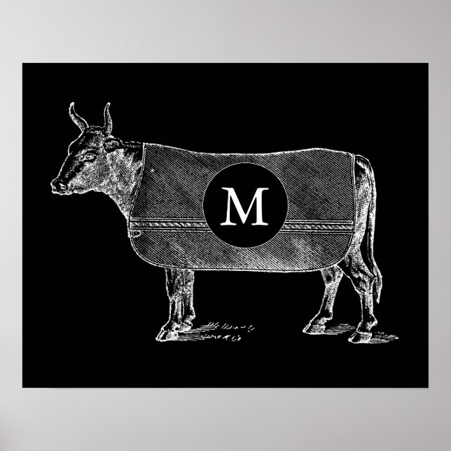 VINTAGE ILLUSTRATION Cow Monogram Black Poster (Front)