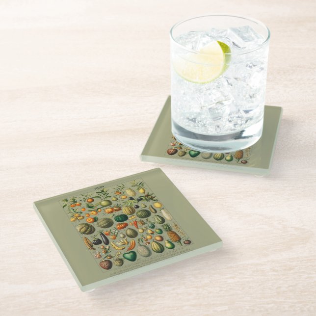 Vintage illustration fruits & vegetables glass coaster (Angled)