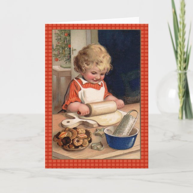 Vintage Illustration Girl Baking Christmas Cookies Holiday Card (Front)