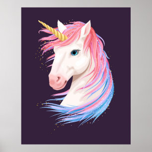 vintage illustration of cute unicorn with gold hor poster